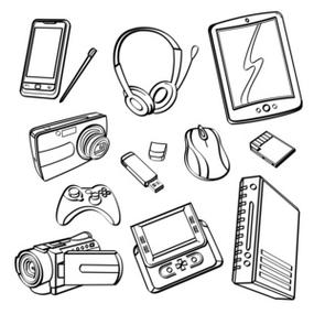 产品集合手机概念配件图示airpods 电池满, 五颜六色的向量例证互联网